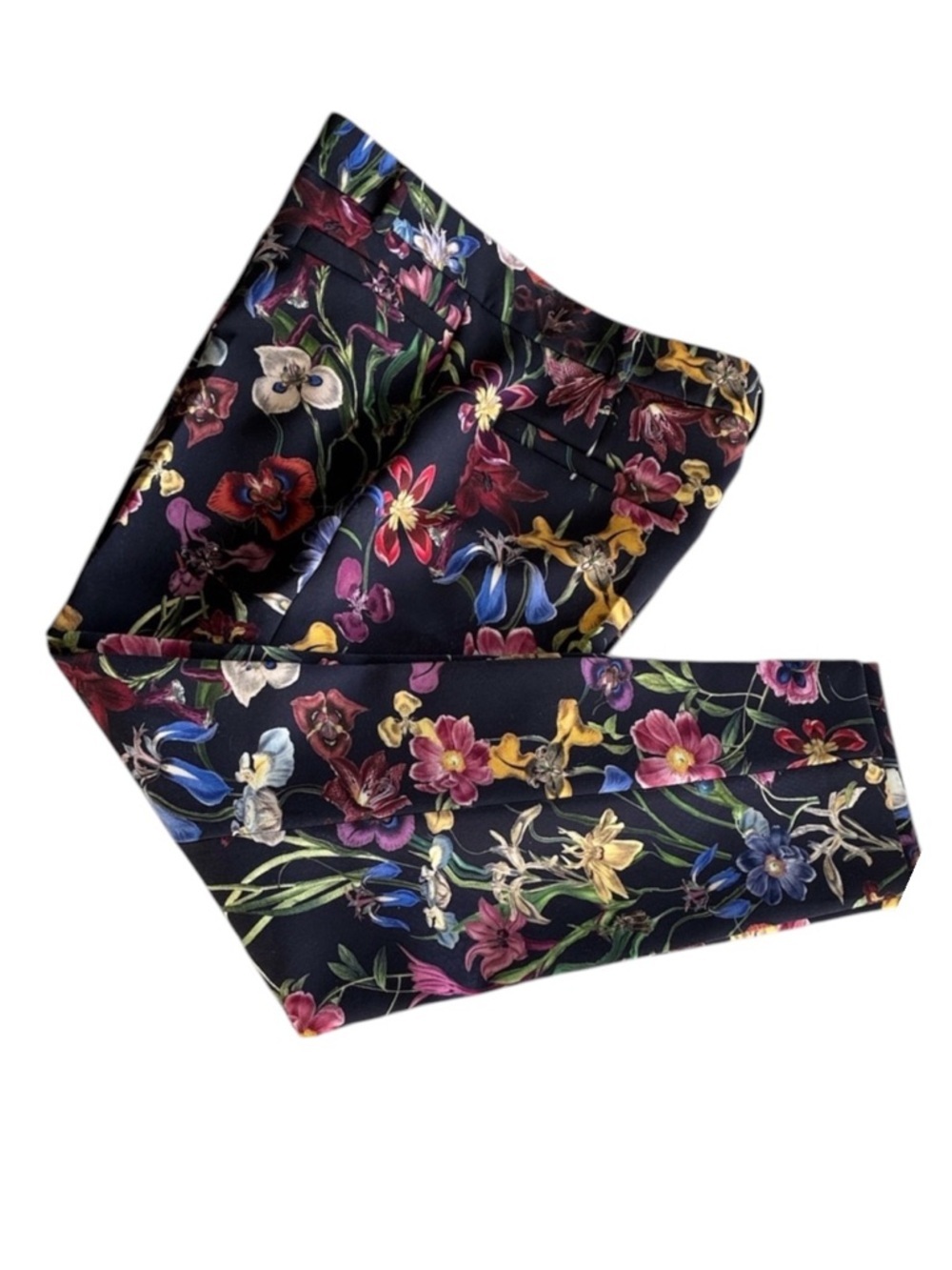 Cambio pants Women's 10, Navy with Floral Print, Ankle, Stretch, Pockets. EUC